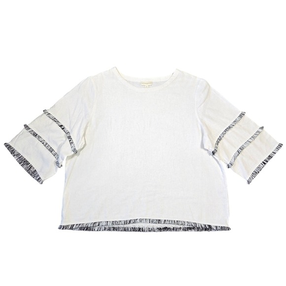 Cynthia Rowley Womens 1X White Fringe Tiered Sleeve Linen Blend Top Blouse Boho - Picture 1 of 7